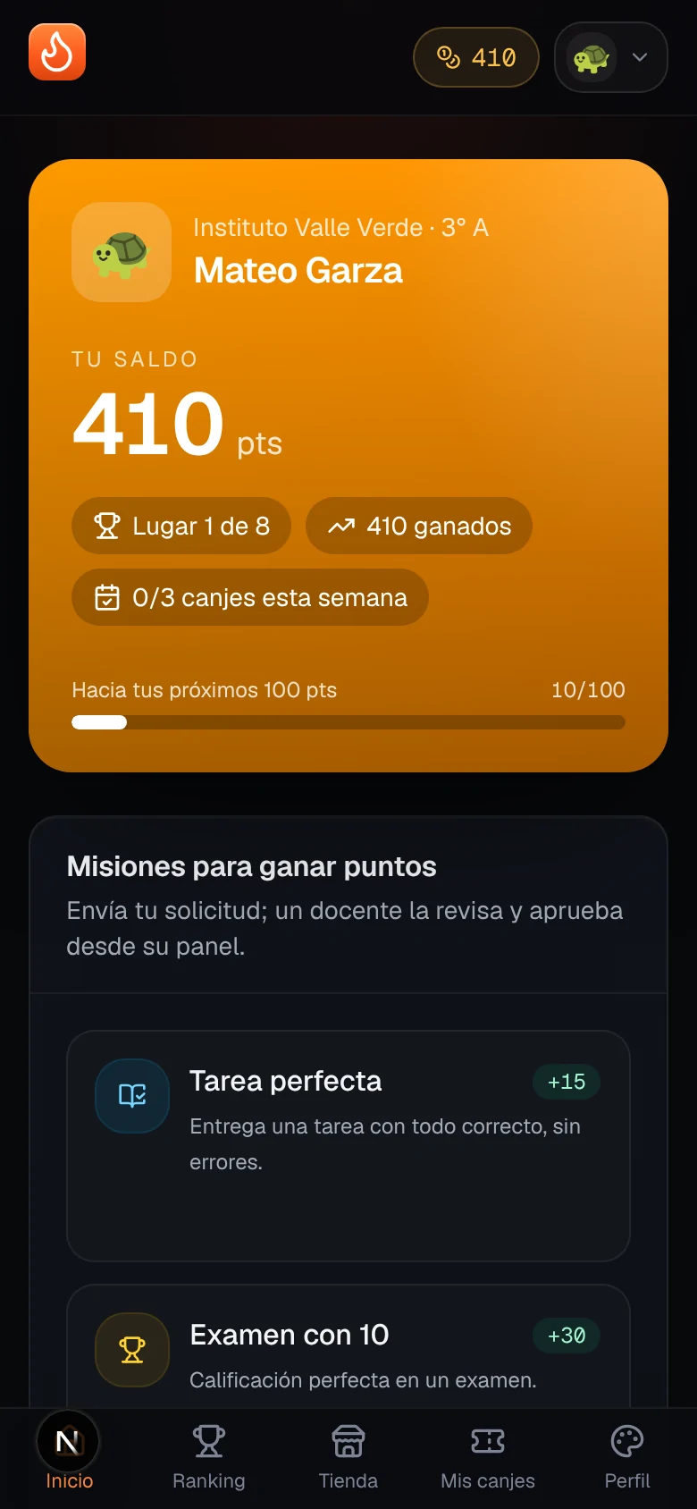 La app del alumno en un celular: tarjeta de saldo y misiones.